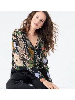 Cabi Womens  Snake Charmer Blouse top floral size Large semi sheer